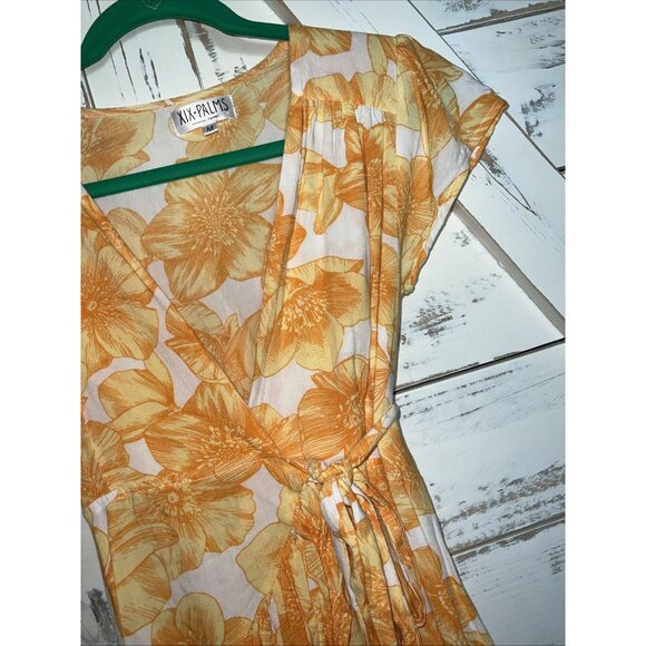 XIX Palms Madagascar Floral Party Mini Wrap Ruffle Tropical Dress M Orange White - Picture 4 of 12